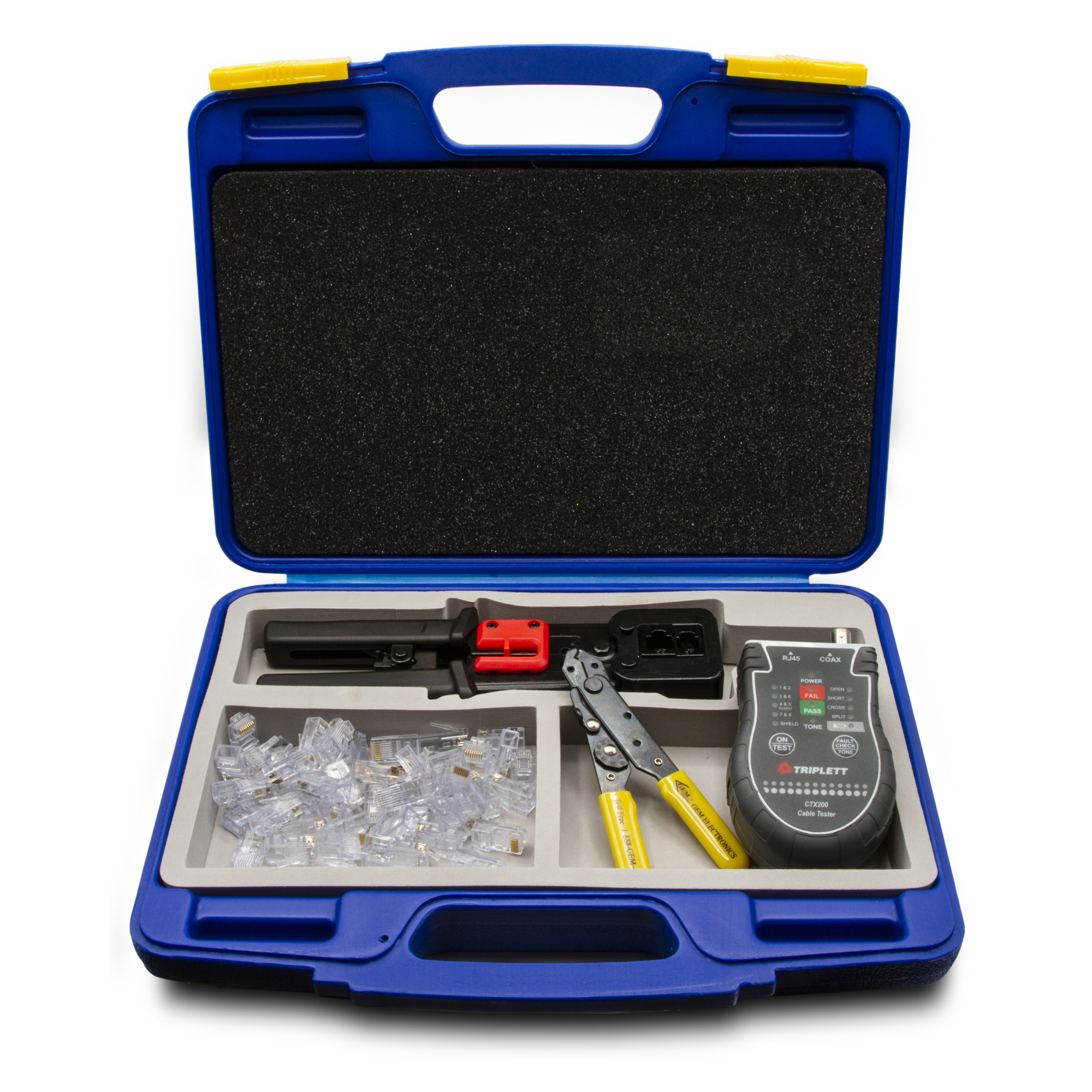 Triplett HS-TK High-Speed, Pass-Thru RJ45 Tool Kit - includes HS-CT crimp tool, 50 CAT5-HSP connectors, wire cutter, & RJ45TESTER